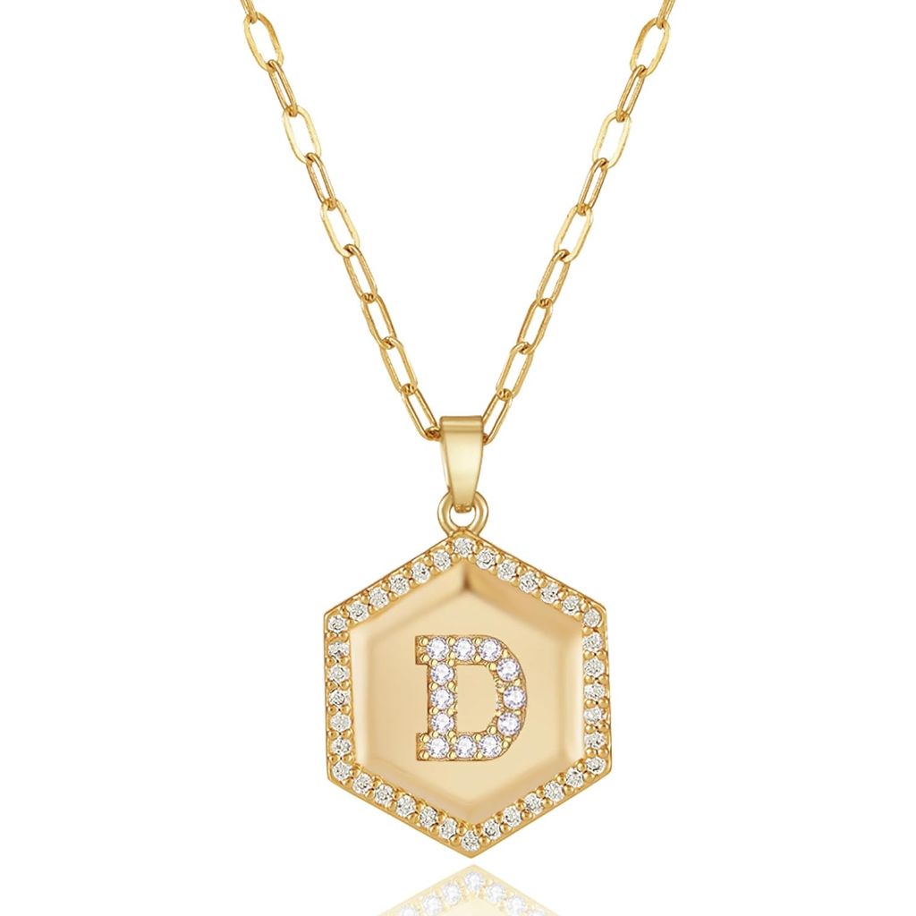 Necklaces for Women 14K Gold-Plated Hexagon Initial Pendant, D