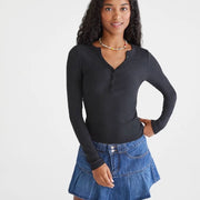 Aéropostale Girls & Women's Buttery Soft Long Sleeve Henley Shirt - Dark Black