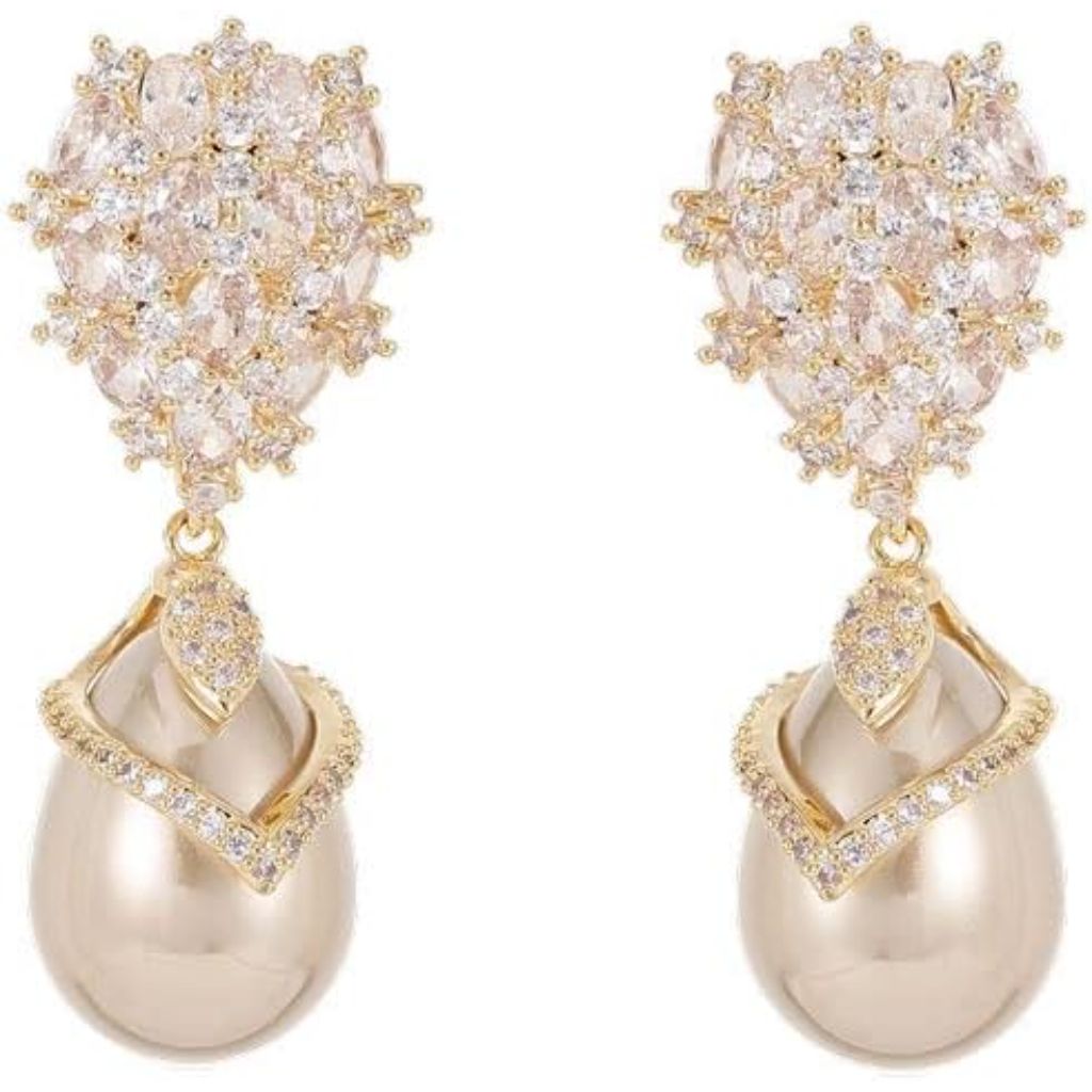 Orbelix Sterling Silver Pearl Drop Earrings with Moissanite (S925) - Gold/Rhinestone