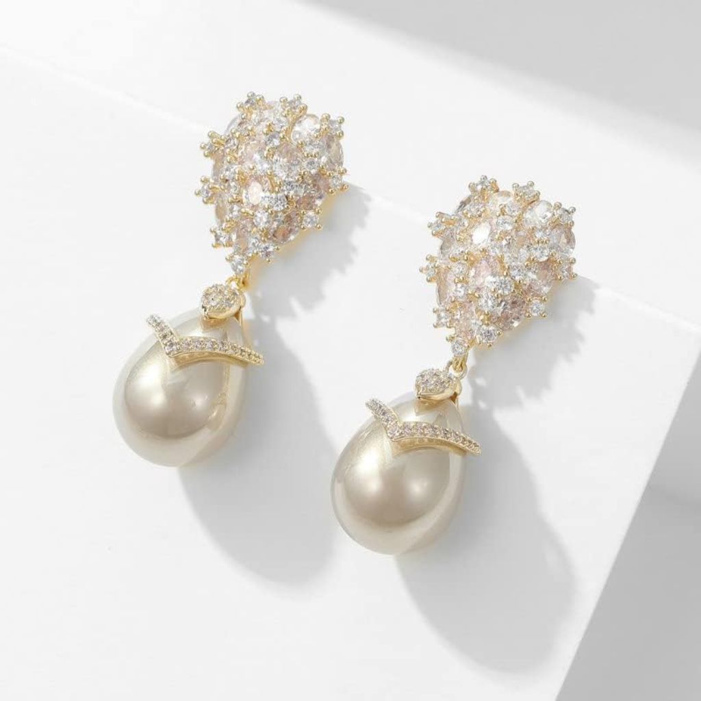 Orbelix Sterling Silver Pearl Drop Earrings with Moissanite (S925) - Gold/Rhinestone