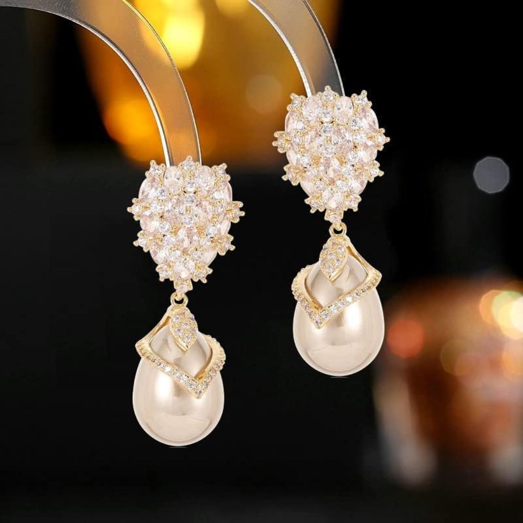 Orbelix Sterling Silver Pearl Drop Earrings with Moissanite (S925) - Gold/Rhinestone