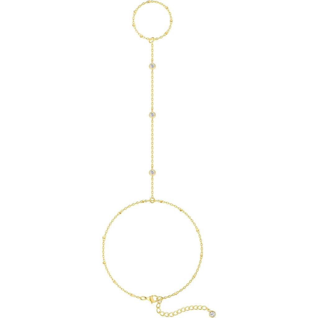 Trendy Lightweight Women's Chain Bracelets w/Ring Hand Chain (Gold)