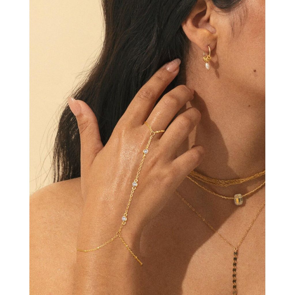Trendy Lightweight Women's Chain Bracelets w/Ring Hand Chain (Gold)