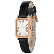 Leo Ring Women's Rectangular Wrist Watch - Black Leather Band, Rose Bezel