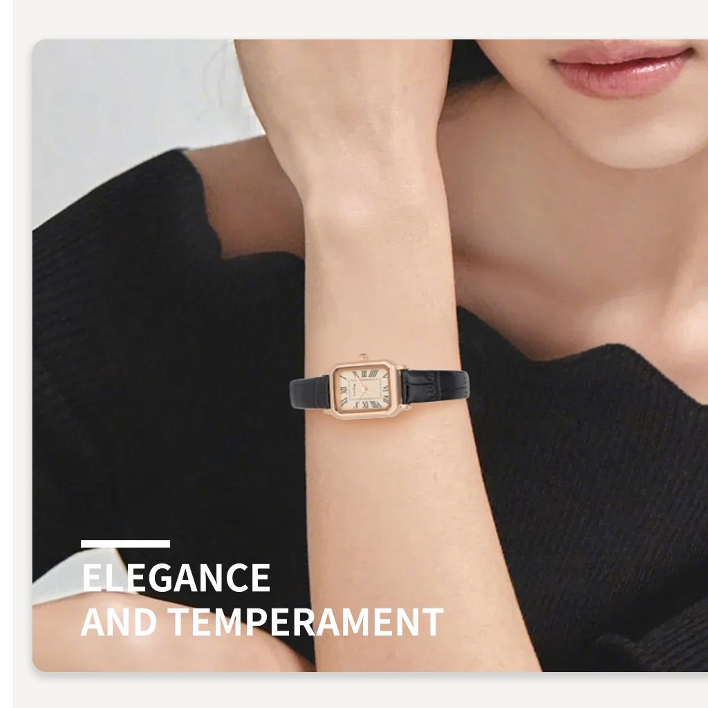 Leo Ring Women's Rectangular Wrist Watch - Black Leather Band, Rose Bezel