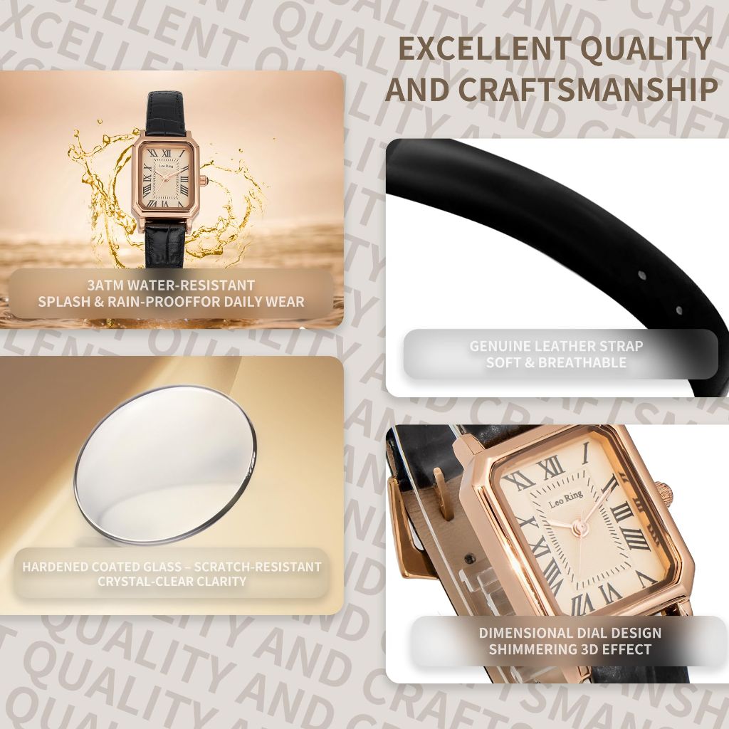 Leo Ring Women's Rectangular Wrist Watch - Black Leather Band, Rose Bezel