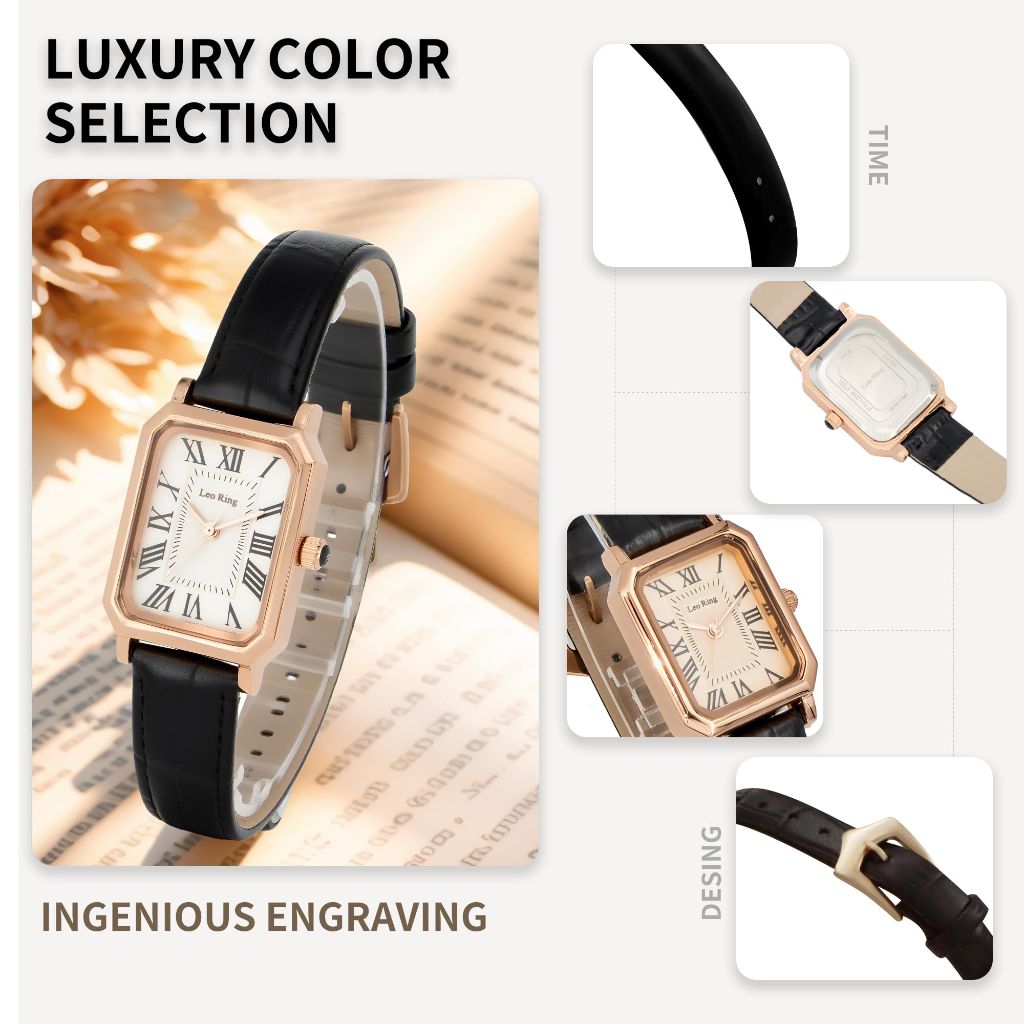 Leo Ring Women's Rectangular Wrist Watch - Black Leather Band, Rose Bezel