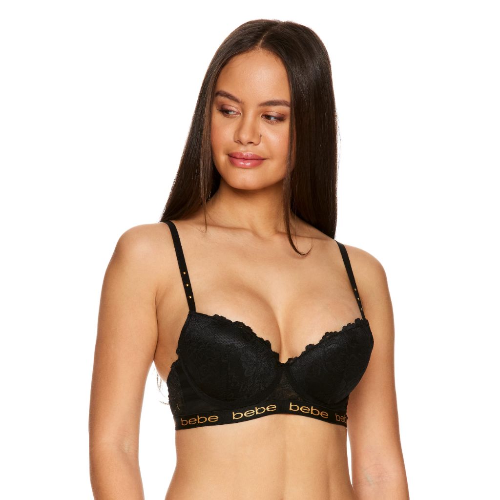 Bebe Womens Fishnet Lace Push Up Bra - Push Up Bras for Women - Underwire Lace Bra (Black, 38DD)