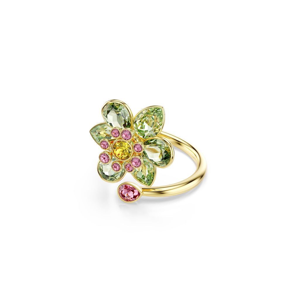 Swarovski Idyllia Flower Open Ring, Mixed Cuts - Green/Gold-Tone Finish, Size 8 (5721596)