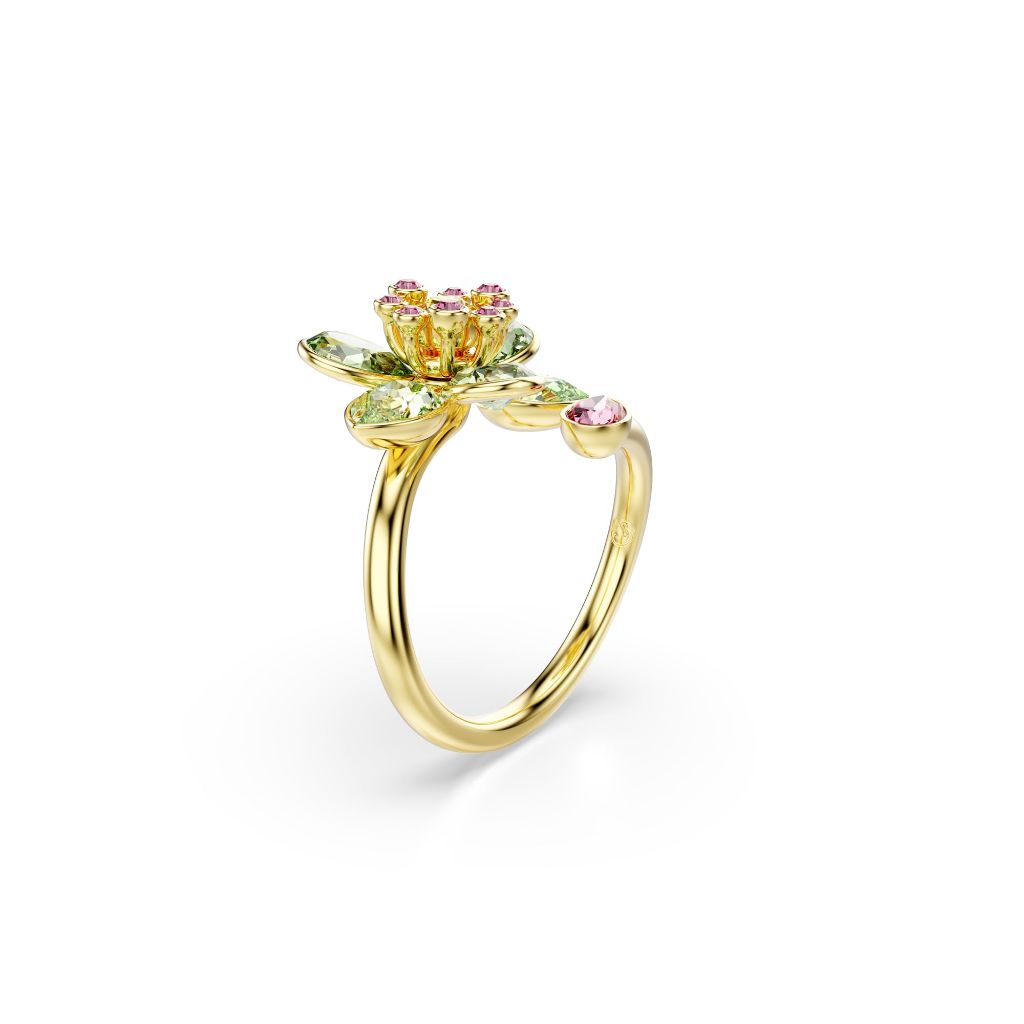Swarovski Idyllia Flower Open Ring, Mixed Cuts - Green/Gold-Tone Finish, Size 8 (5721596)