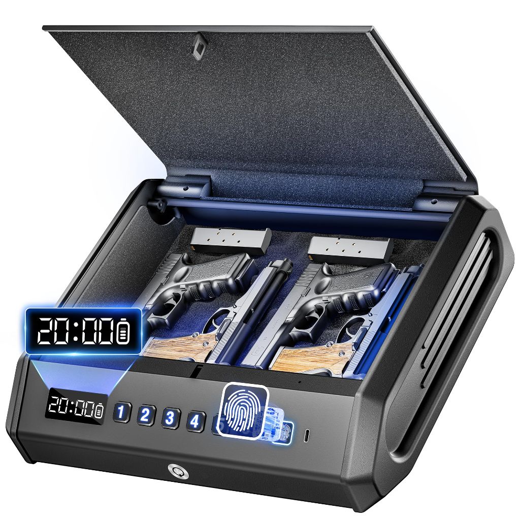 TopMedia Large Biometric Gun Safe w/ Fingerprint Access, Internal Light, & Silent Mode - Fits Up to 4 Pistols, 100 Sets of Prints
