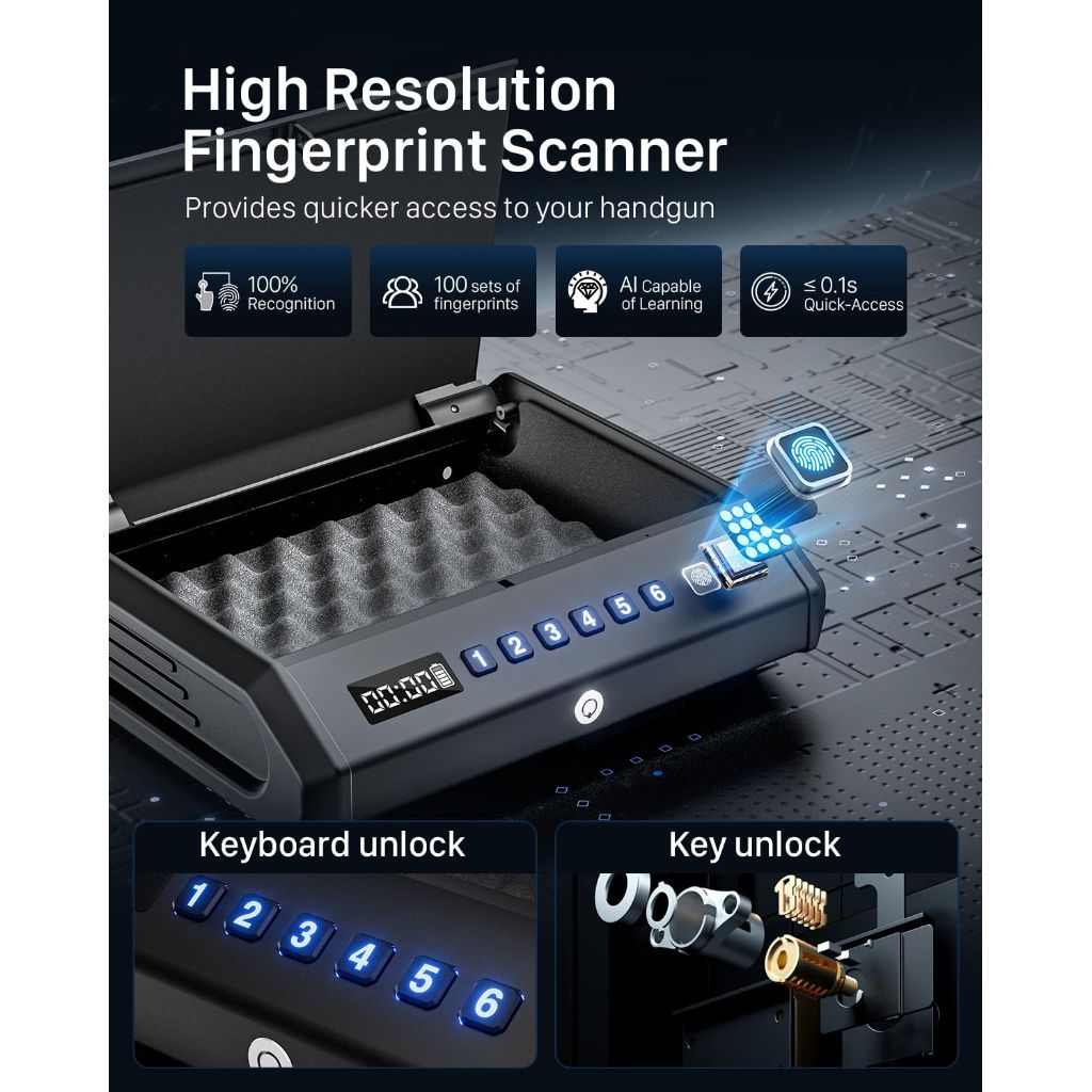 TopMedia Large Biometric Gun Safe w/ Fingerprint Access, Internal Light, & Silent Mode - Fits Up to 4 Pistols, 100 Sets of Prints