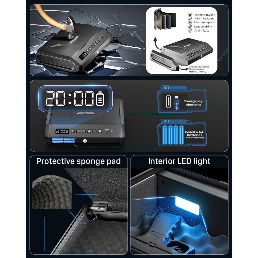 TopMedia Large Biometric Gun Safe w/ Fingerprint Access, Internal Light, & Silent Mode - Fits Up to 4 Pistols, 100 Sets of Prints