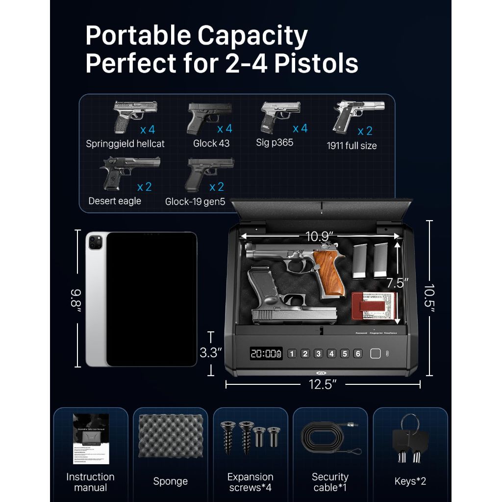 TopMedia Large Biometric Gun Safe w/ Fingerprint Access, Internal Light, & Silent Mode - Fits Up to 4 Pistols, 100 Sets of Prints