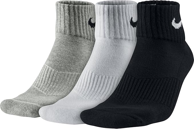 Nike Unisex Adult Everyday Cushioned Quarter Socks (3 Pairs) - Black/White/Gray, Medium