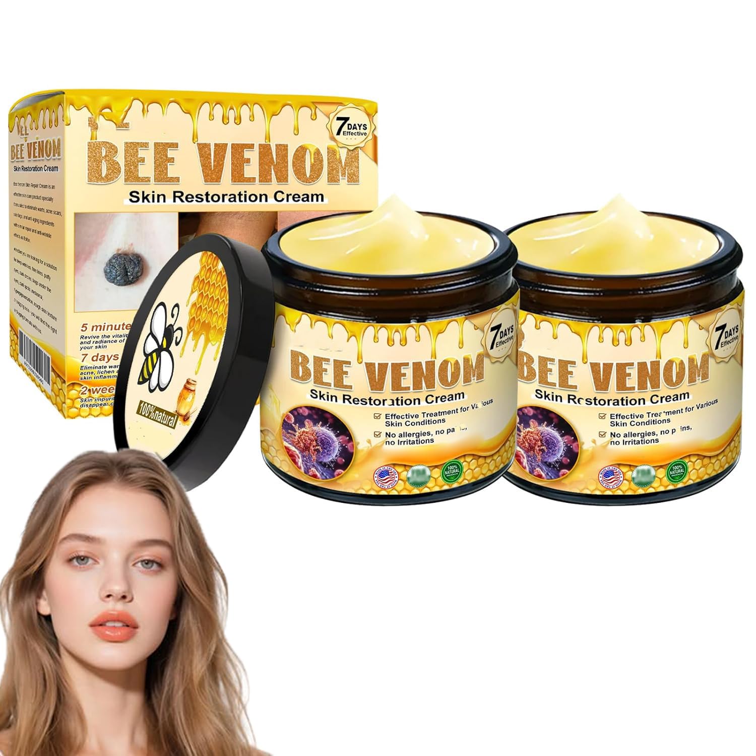 Bee Venom Skin Restoration Cream, Wrinkle Removal, Repair Elasticity, Comprehensive Moisturizer for All Skin Types - 2 Pack