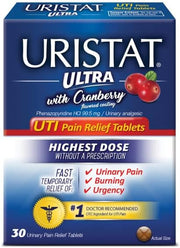 Uristat Ultra with Cranberry UTI Highest Dose Pain Relief Tablets, 30 Count