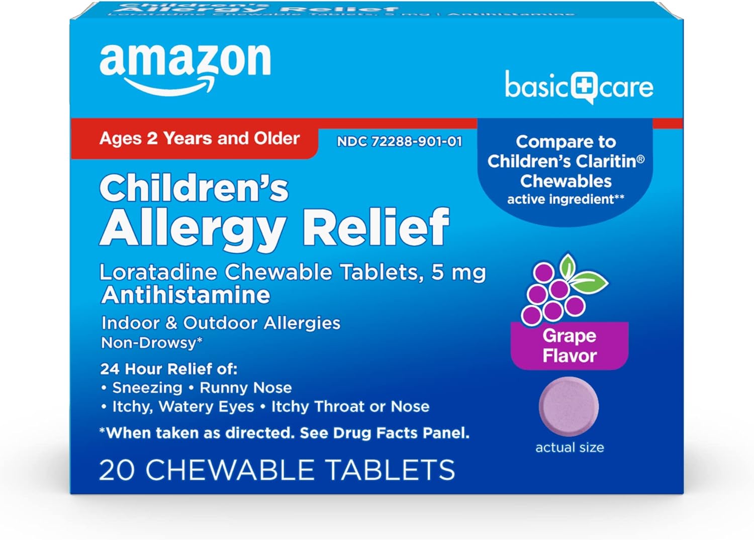 Amazon Basic Care Children's Allergy Relief, 5mg Loratadine - Grape, 20 Chewable Tablets