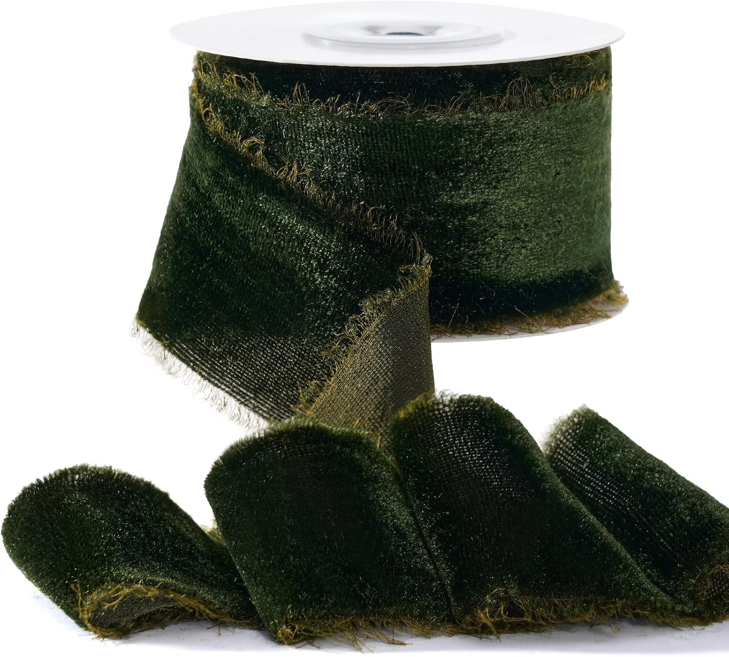 Frayed Velvet Christmas Ribbon - Dark Green, 1 1/2" x 6 Yards