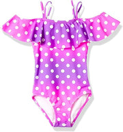 Kanu Surf Girls Peggy UPF 50+ Beach Sport Off Shoulder Swim Suit - Pink/Purple Dots, Size 10