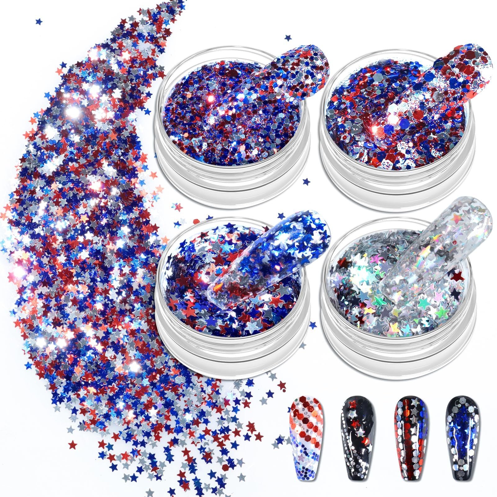 Allstarry Patriotic Nail Art Glitter - Sparkly Red, Blue Chunky Flakes - 4 Pieces