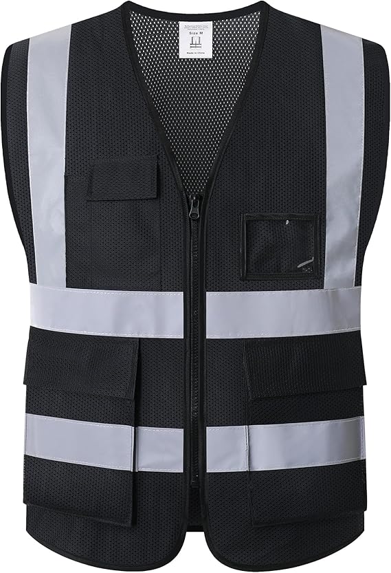 Worcbgio Reflective Safety Vest with Pockets - High Visibility Sliver Strip, Black - Size X-Large