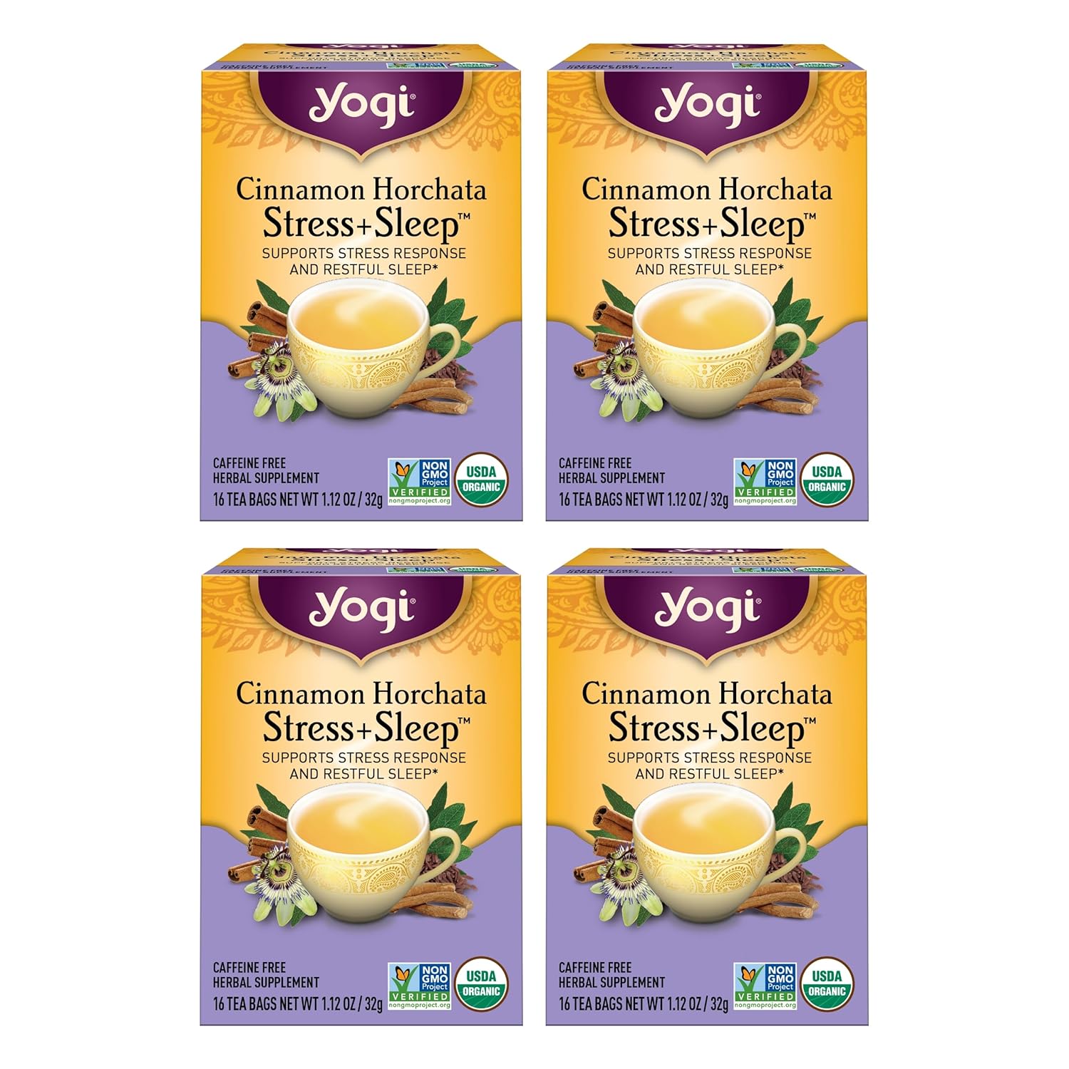 Yogi Tea Cinnamon Horchata Stress & Sleep Tea Bags w/Ashwagandha, Passionflower & Apple Cider Vinegar, 16ct (4 Pack)