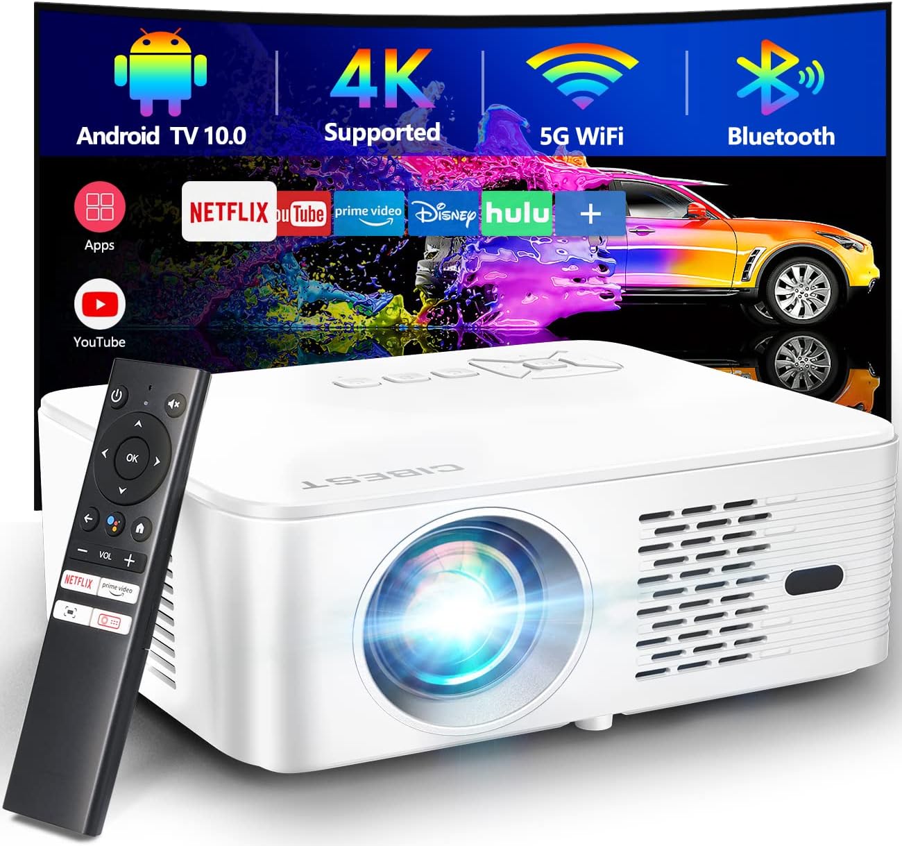 CiBest New Gloris G1 Tabletop Bluetooth/Wi-Fi Projector - Supports Android TV 10.0, 4K Native 1080P