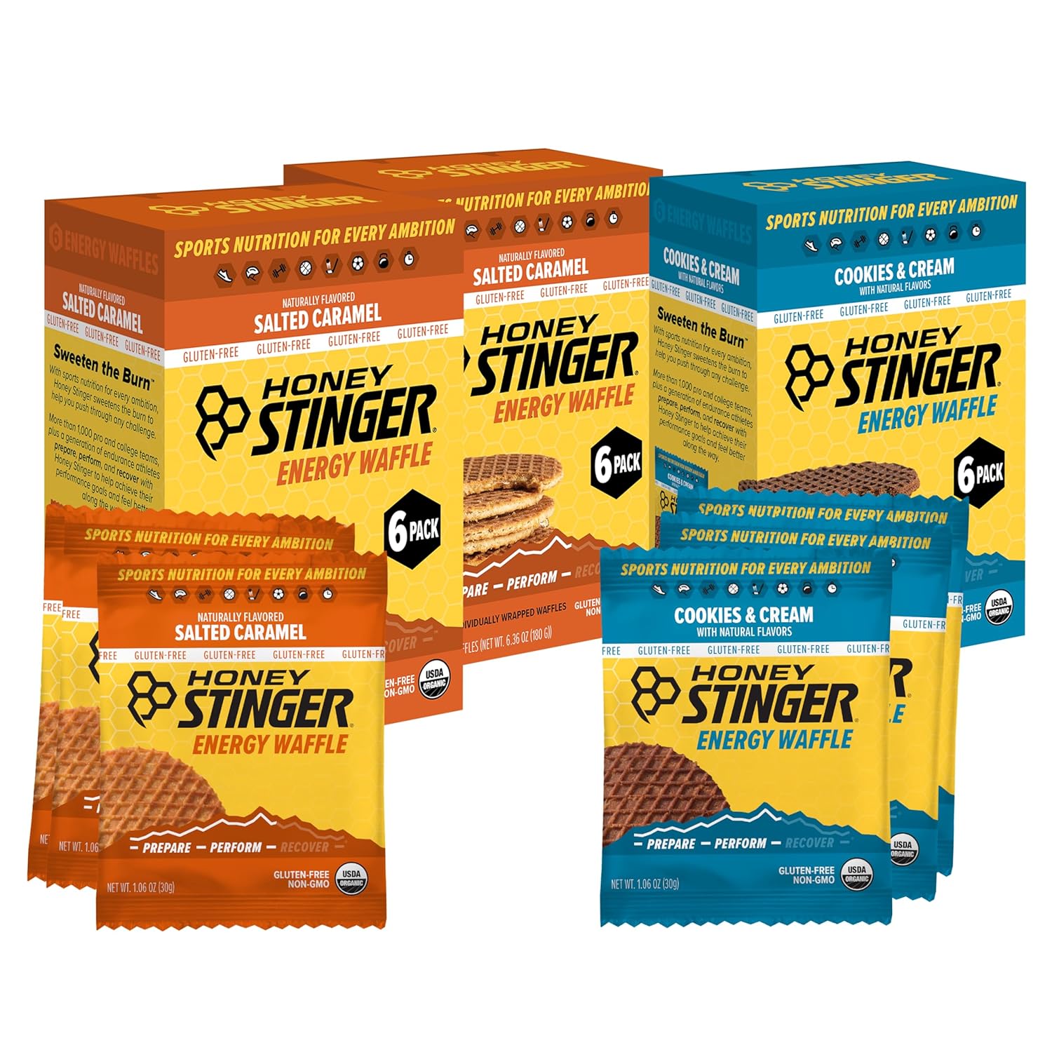 Honey Stinger Organic Energy Waffle Variety Pack, 12 Salted Caramel and 6 Cookies & Cream, 18ct