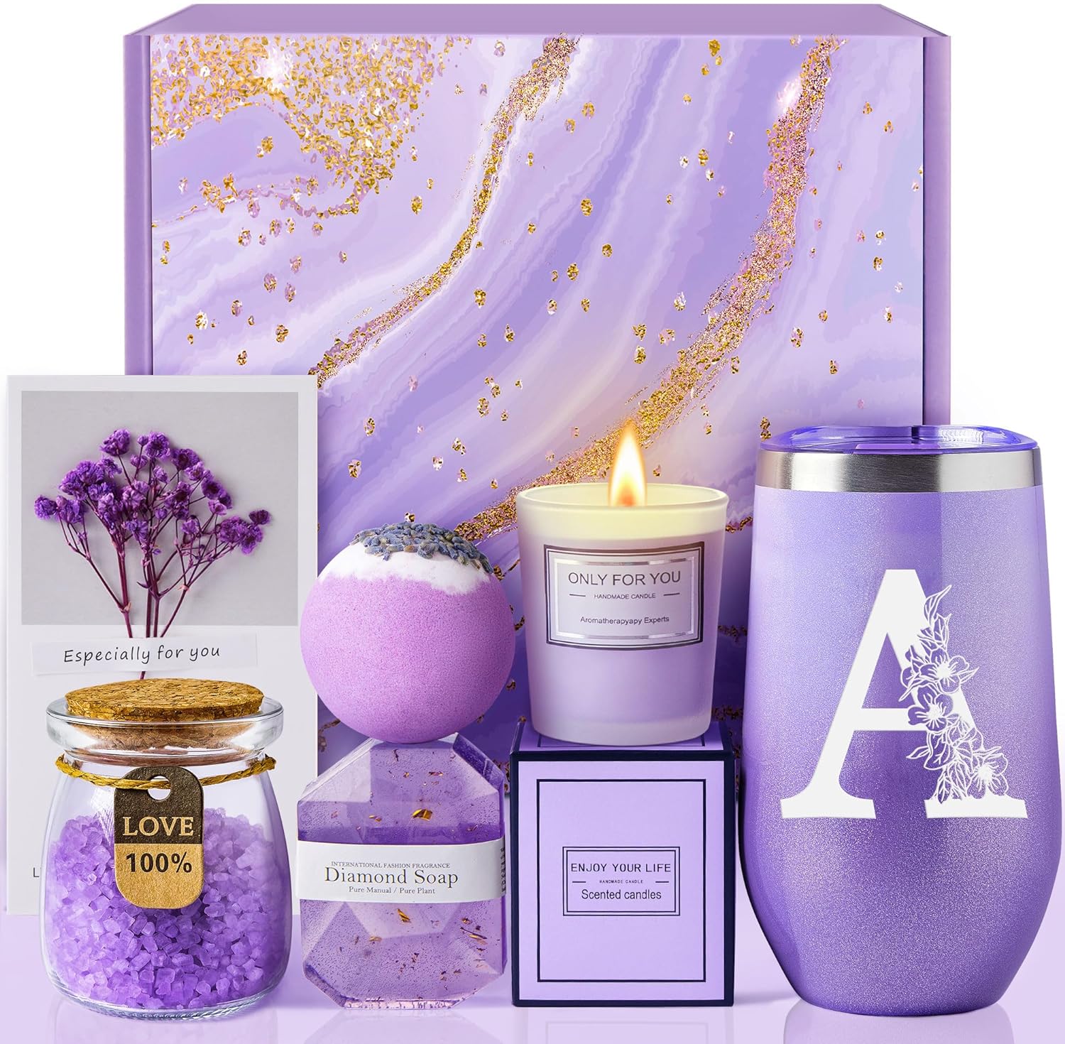Gifts for Her: Spa and Pamper Giftset with Bath Bomb, Candle, Soap, Letter "A" Monogrammed Tumbler - Lavender Scent