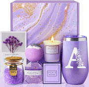 Gifts for Her: Spa and Pamper Giftset with Bath Bomb, Candle, Soap, Letter "A" Monogrammed Tumbler - Lavender Scent