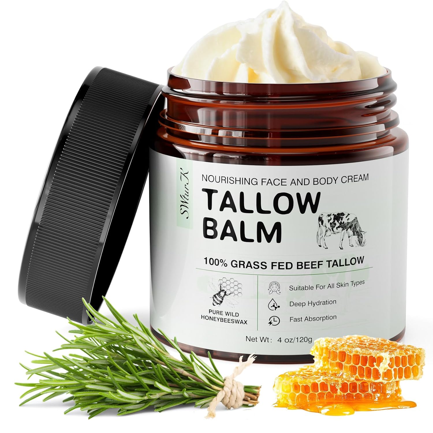 SWturK Beef Tallow Facial Moisturizer, Organic Whipped Tallow and Honey Balm, 4oz