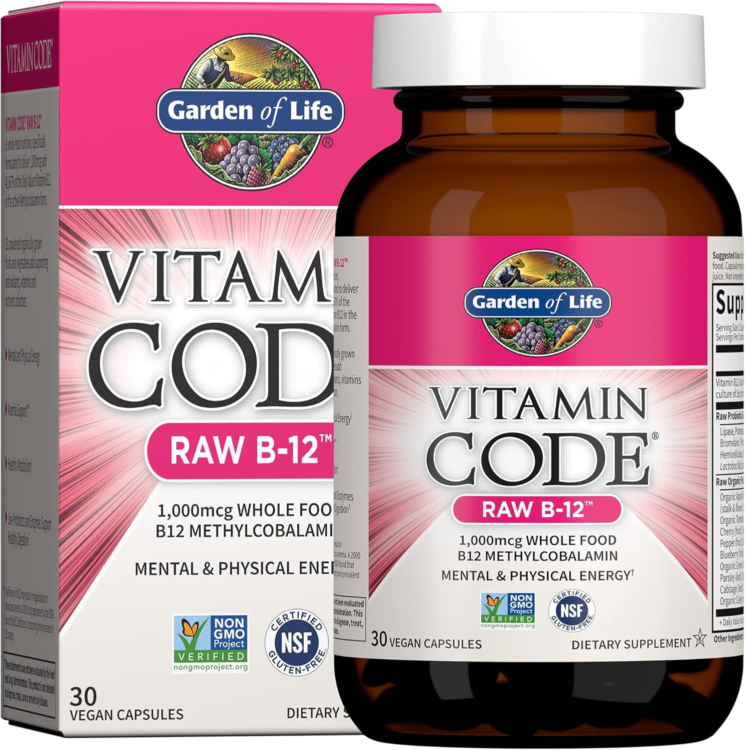Garden of Life Vitamin Code Raw B-12, 1000mcg Whole Food B12 Methylcobalamin, 30 Caps