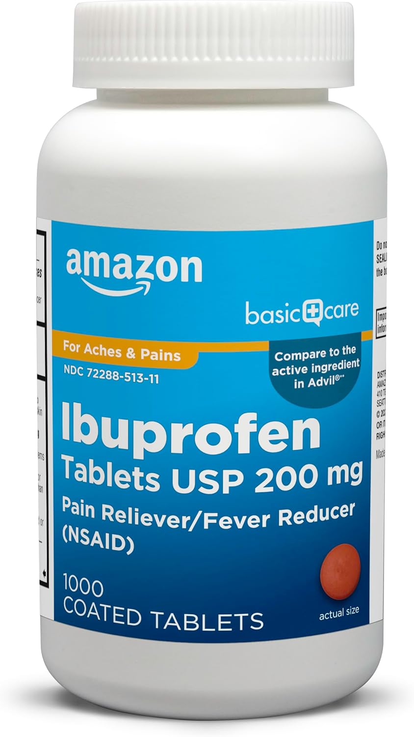Amazon Basic Care Ibuprofen Tablets 200mg Fever Reducer and Pain Relief - 1000 Tablets