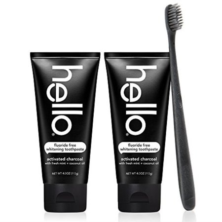 Hello Oral Care Activated Charcoal Fluoride Free Toothpaste - 2 Pack with BPA Free Toothbrush