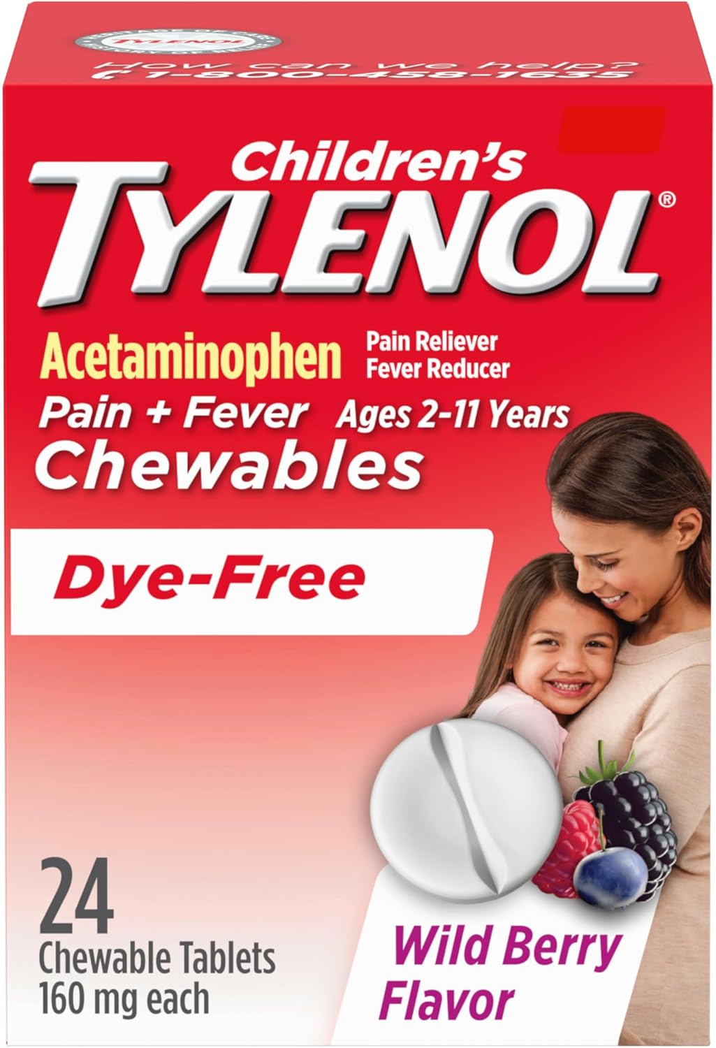 Children's Tylenol Pain + Fever Chews, Dye-Free, Wild Berry, 24ct