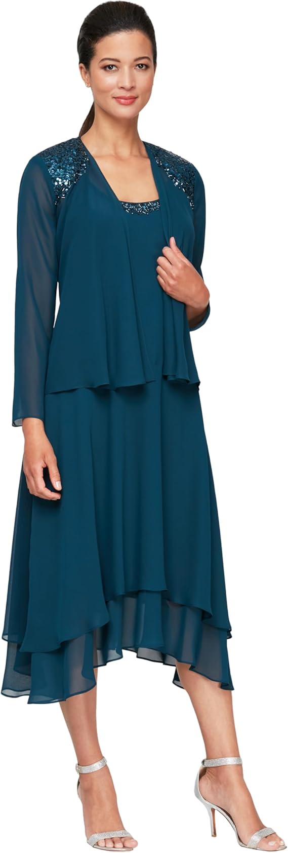 S.L. Fashions Women's Mother of The Bride Dress with Embellished Neckline & Shoulder - Teal, Size 12P