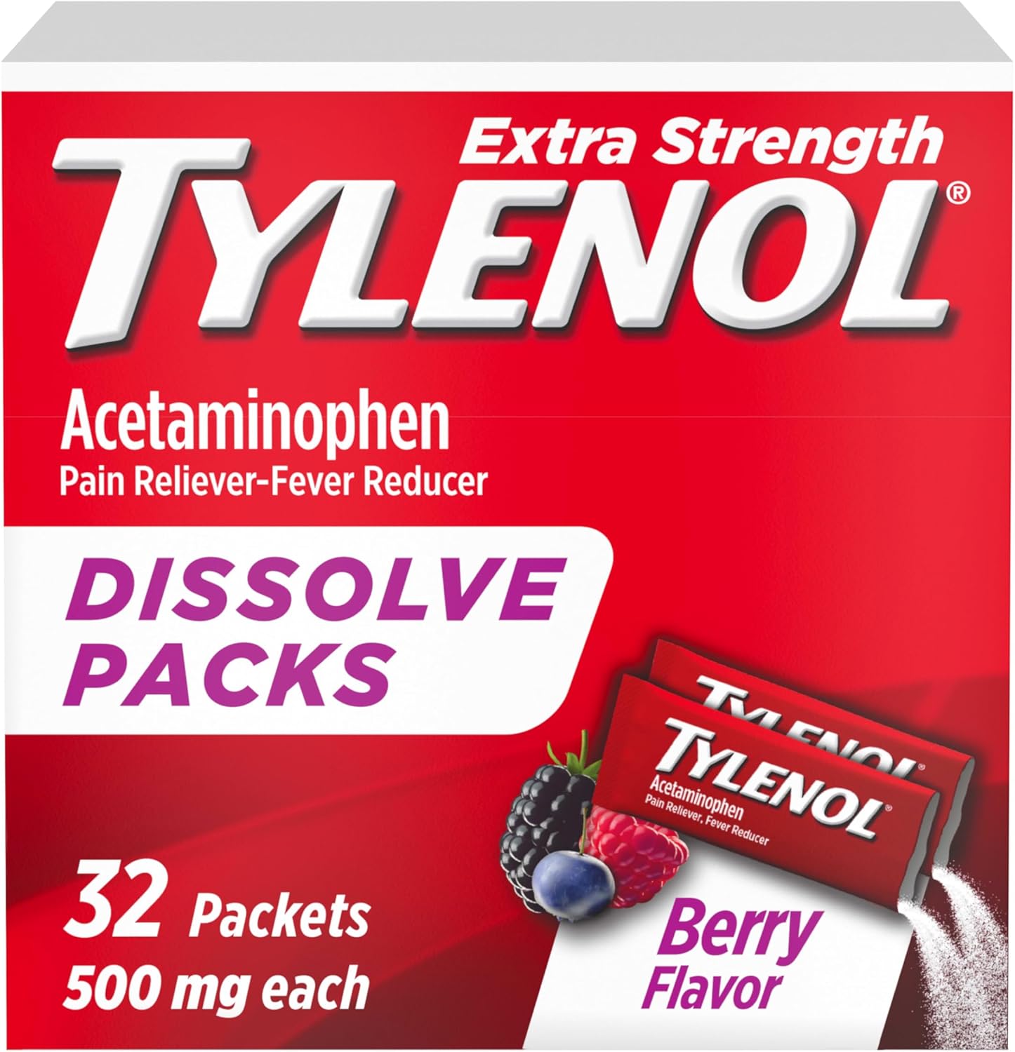 Extra Strength Tylenol Acetaminophen Dissolve Packs, Berry Flavor, 32ct