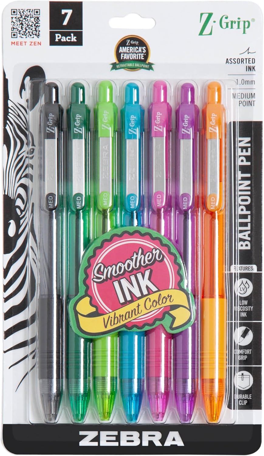 Zebra Z-Grip Retractable Ballpoint Pens, 1.0mm Medium Point, Fashion Assorted 7 Pack