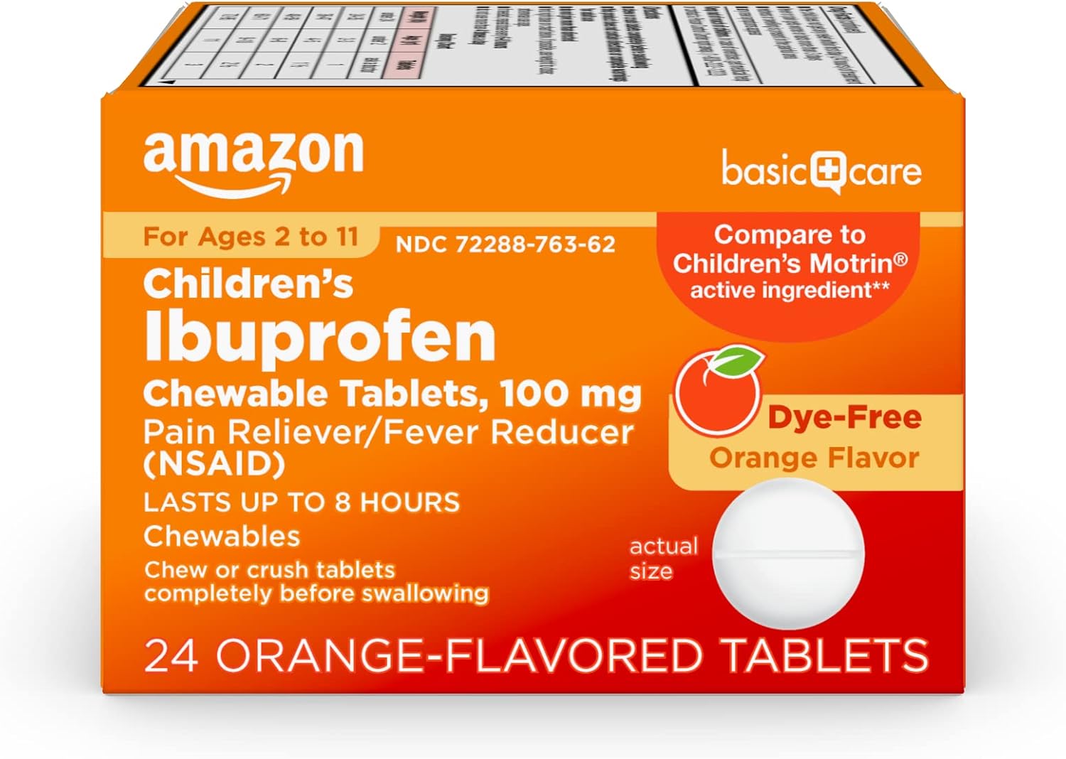 Amazon Basic Care Children’s Ibuprofen, 100 mg - Orange, 24 Chewable Tablets