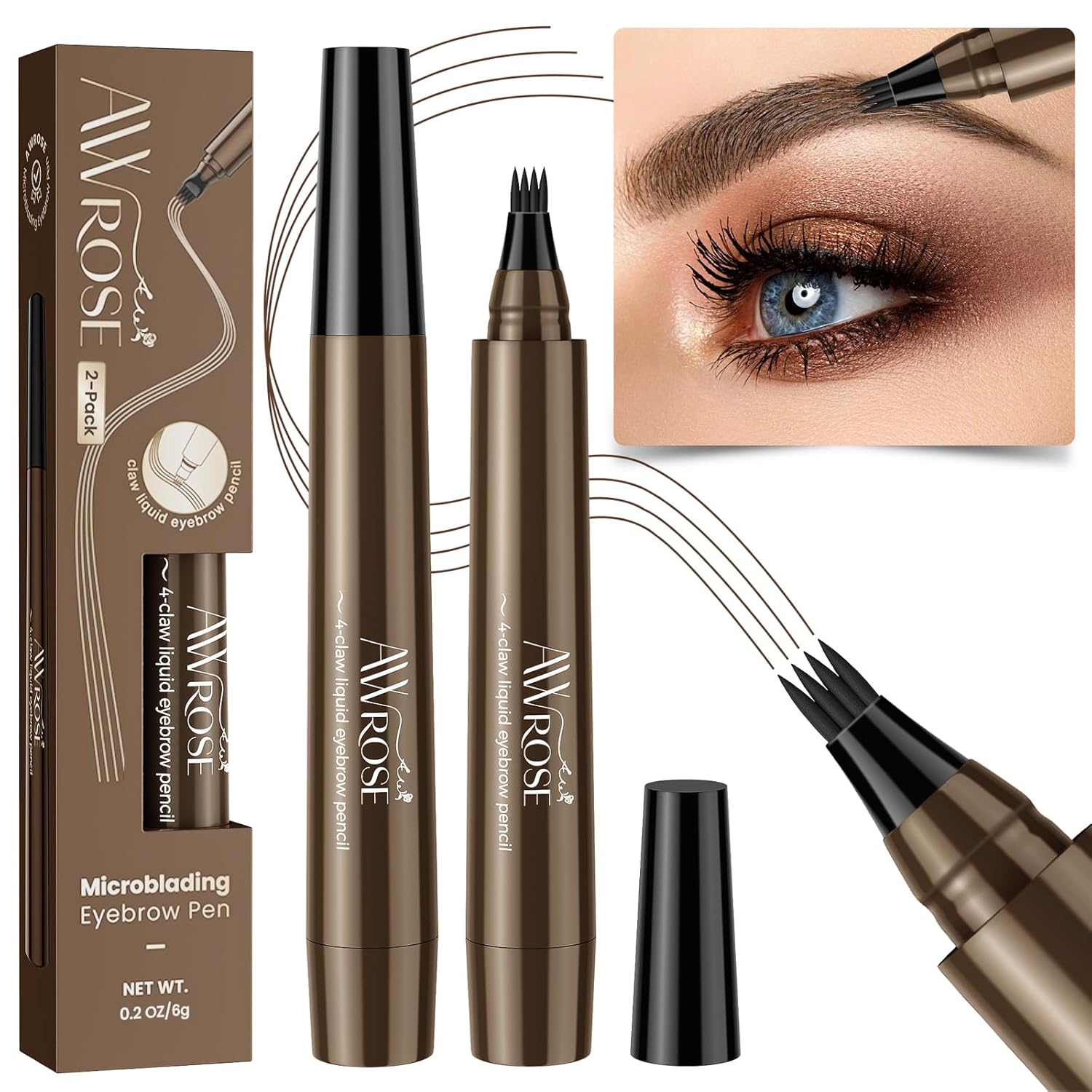 awrose 3D Microblading 4-Tip Eyebrow Pen - Dark Brown, 2 Pack