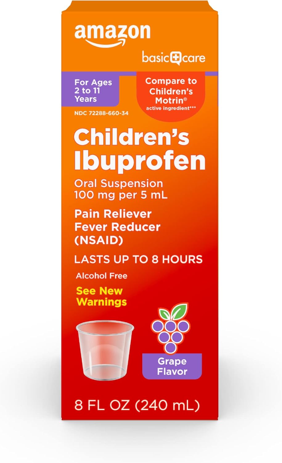 Amazon Basic Care Children's Ibuprofen Oral Suspension 100 mg/5mL - Grape, 8 fl. oz.