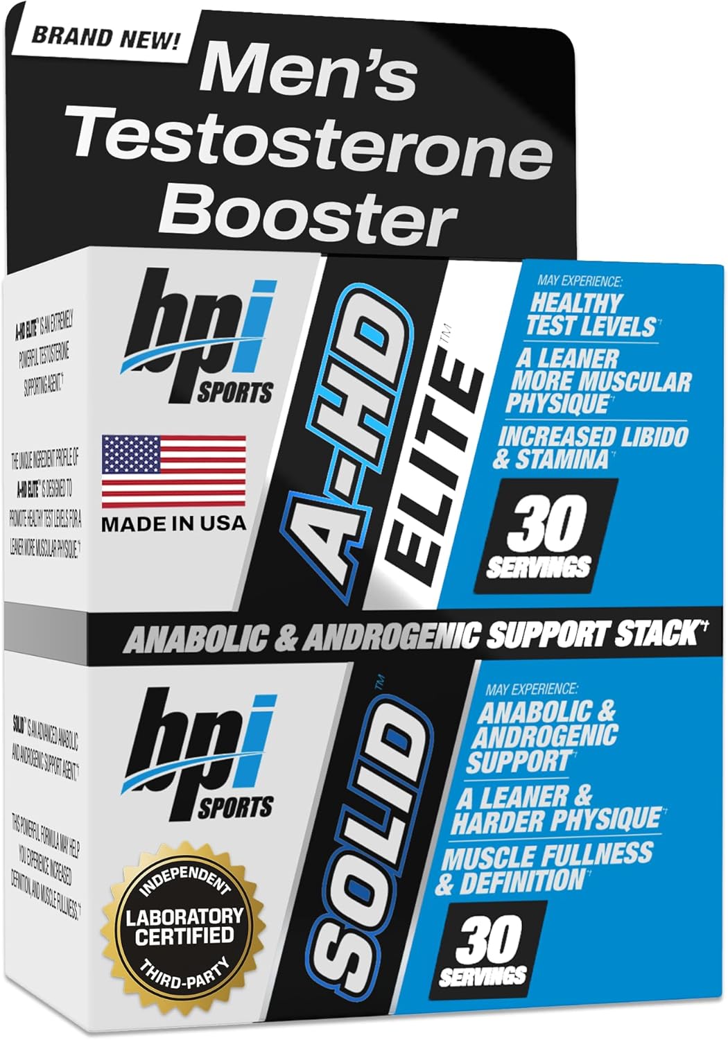 BPI Sports A-HD Elite + Solid Testosterone Booster for Men, 30 Servings