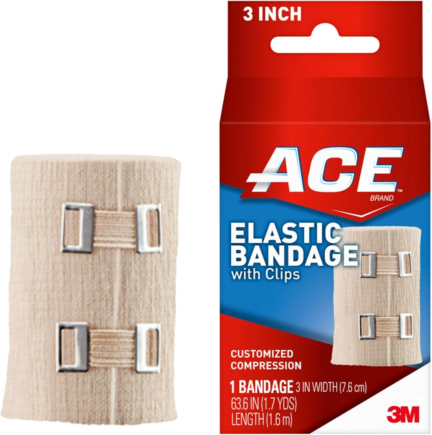 ACE Elastic Bandage w/Clips, 3", Customized Compression - Beige