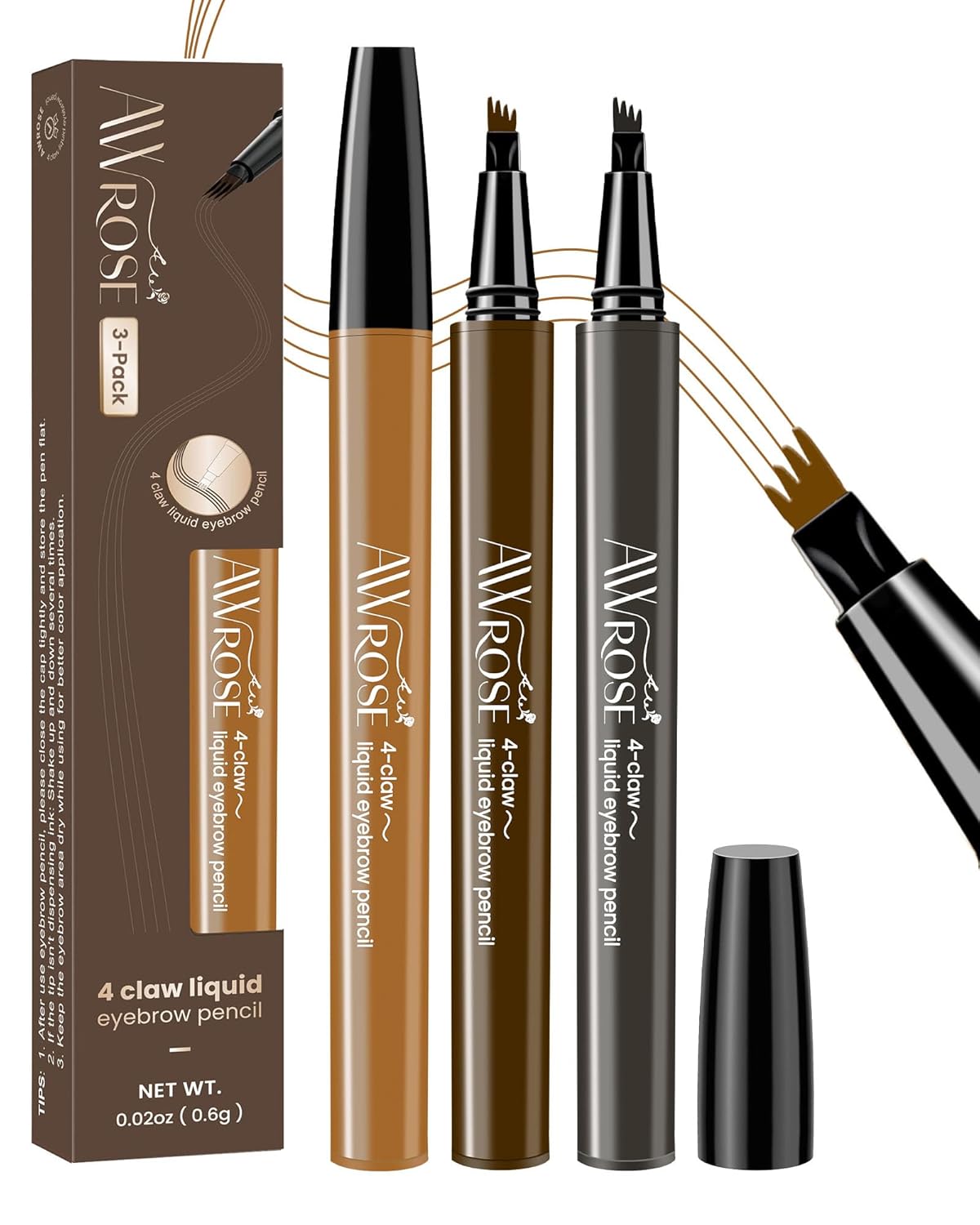 awrose 3D Microblading 4-Tip Eyebrow Pen - Dark Brown/Light Brown/Dark Gray, 3 Pack