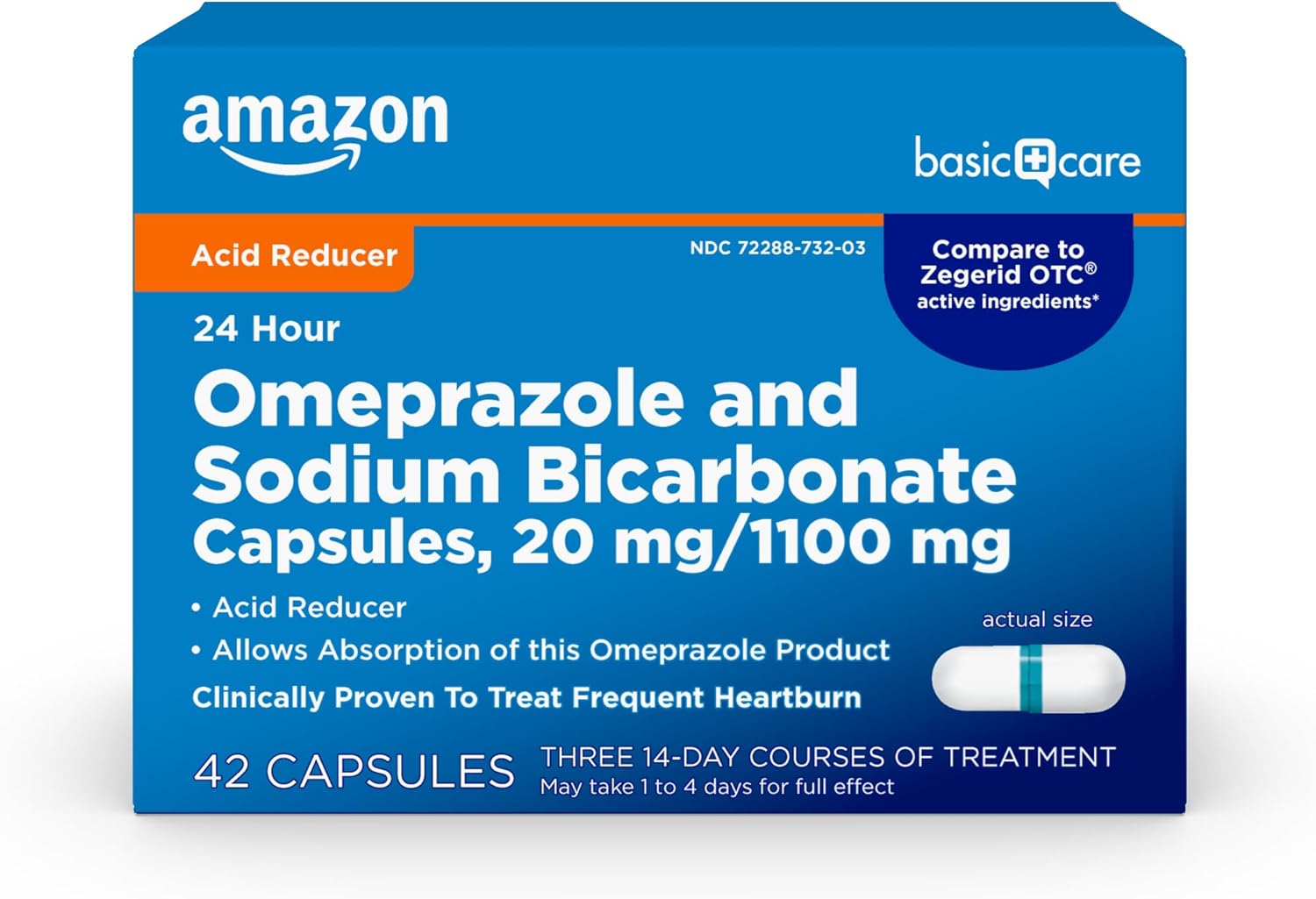 Amazon Basic Care Omeprazole and Sodium Bicarbonate Capsules, 20mg/1100mg, 42ct