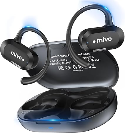mivo Open Ear Wireless Earbuds, Lightweight & Soft Fit-Long Lasting Comfort, ENC Noise Cancelling, IPX7, Sweat Resistant (Mini OWS02)