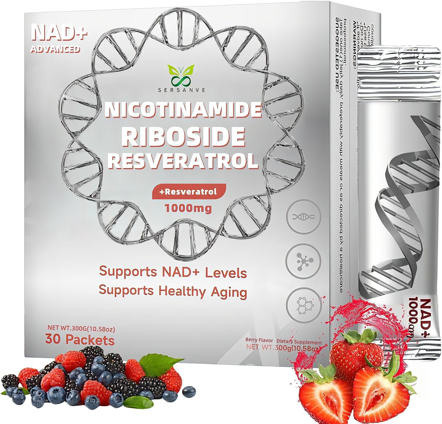 NAD+ 1000mg Liquid Supplement, Boosts Cellular Energy, Metabolism, & Healthy Aging, 30 Packets