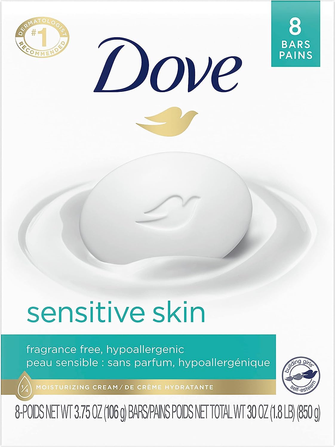 Dove Beauty Bar Sensitive Skin Soap Bar - Unscented,  3.75 oz (8 Bars)