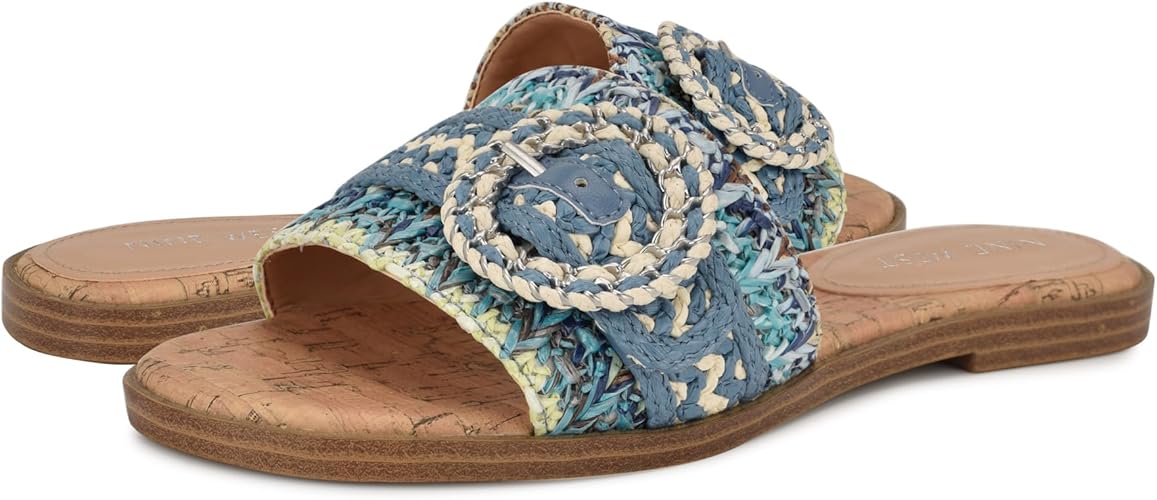 Nine West Women's Poland Open Toe Slip-On Casual Sandals - Blue Cream Multi, Size 11